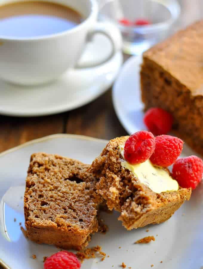 Sliced sugar free gingerbread with a thin layer of light butter and fresh raspberries is the best morning snack!