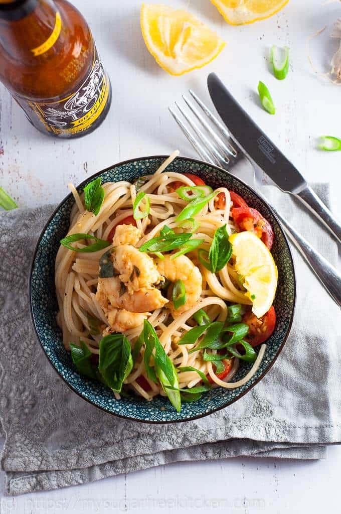 Healthy high protein prawn pasta with lemon garlic and spaghetti.