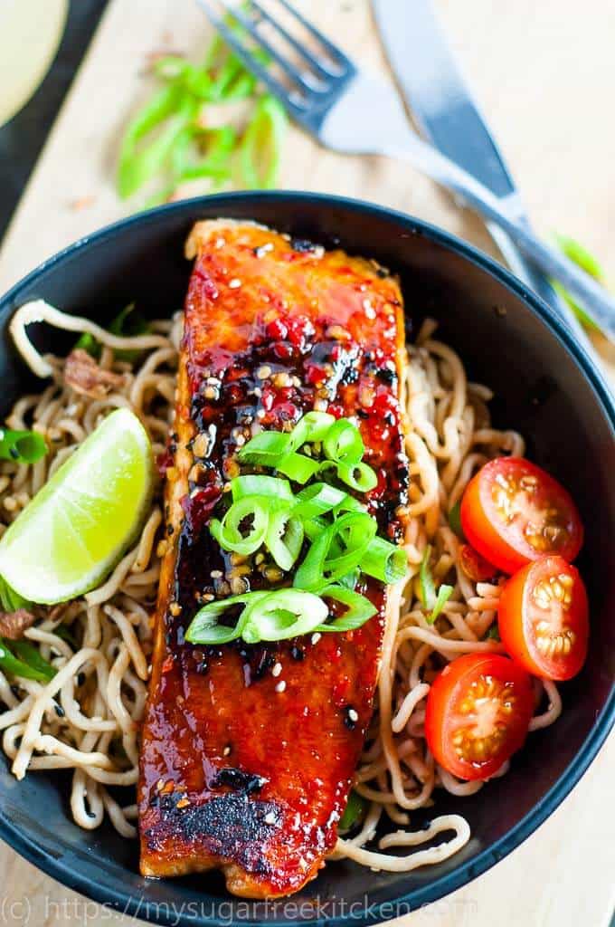 Chilli Soy Salmon with Sesame Noodles Recipe | My Sugar Free Kitchen