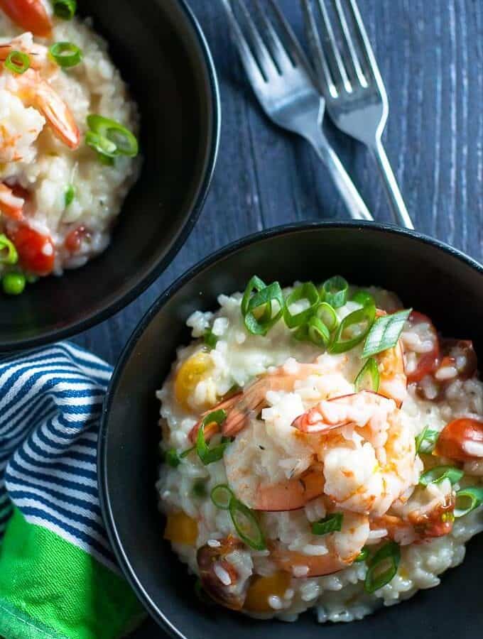 Healthy light and creamy garlic prawn and tomato risotto.