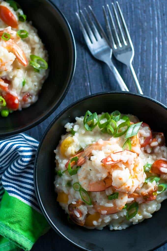 Healthy light and creamy garlic prawn and tomato risotto.