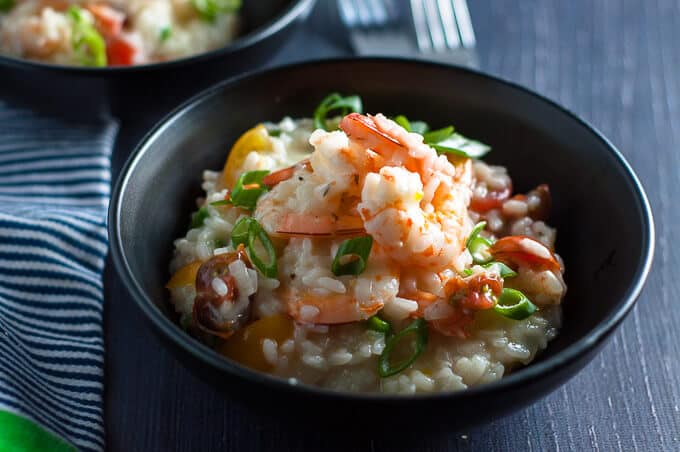 Garlic Prawn and Tomato Risotto that is light and creamy with big juicy prawns