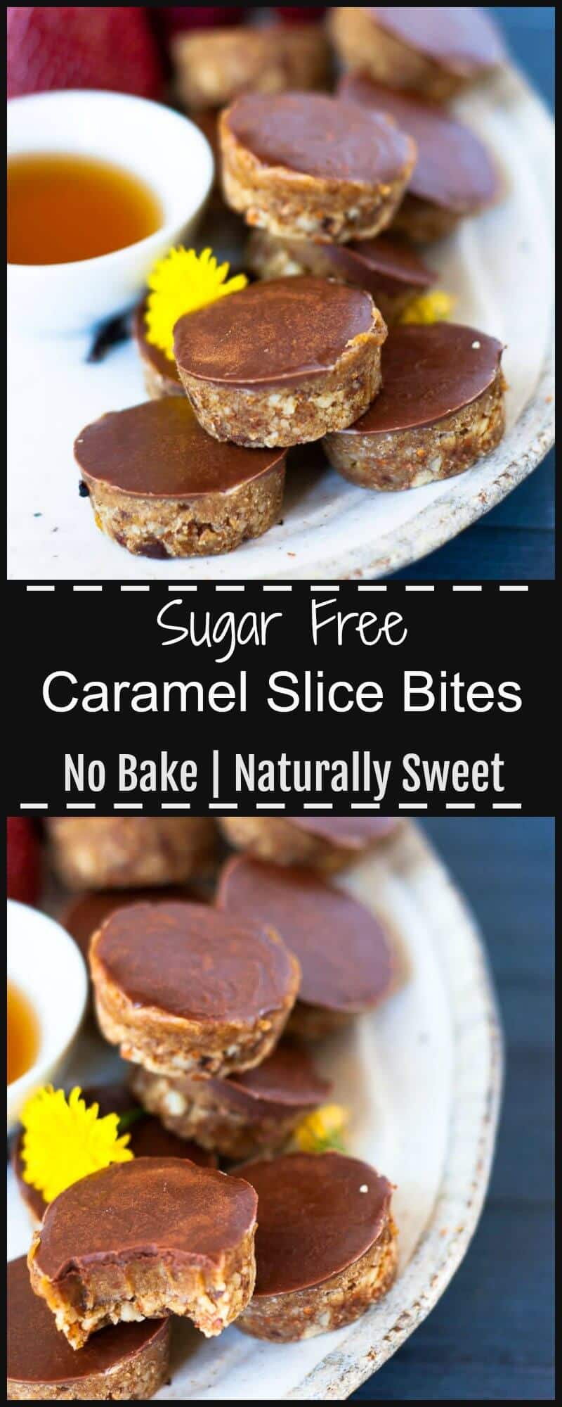 Raw, no bake sugar free caramel slice bites with a nutty base, smooth and creamy caramel centre and silky chocolate on top. Healthy Dessert under 200 cals.