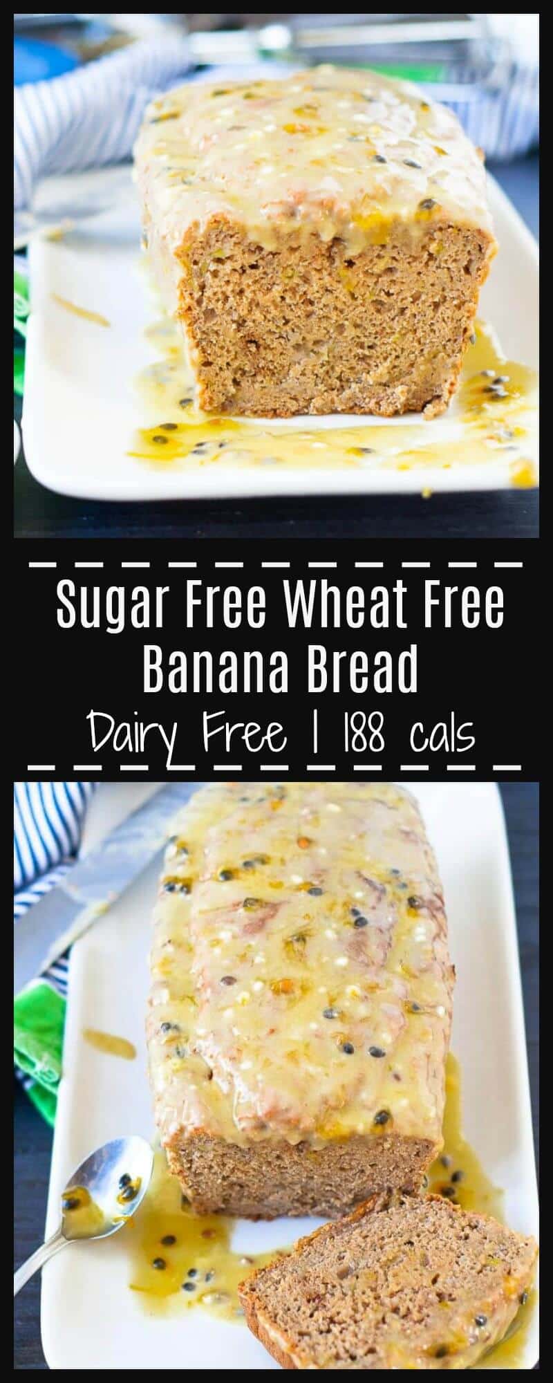 Sugar free wheat free banana bread full of banana flavour with 7 grams of protein and 188 cals per slice. Made with spelt flour, its also dairy free.