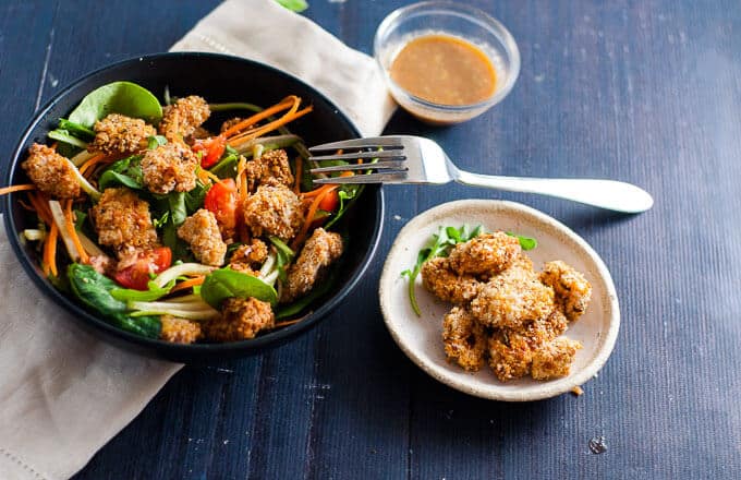 Popcorn chicken salad with tangy dressing