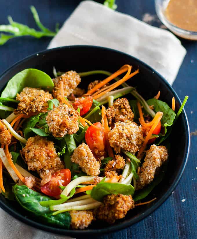 Easy, healthy and light popcorn chicken salad bowl.