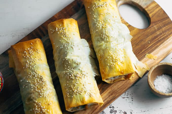 Chicken and mushroom filos on a cutting board landscape