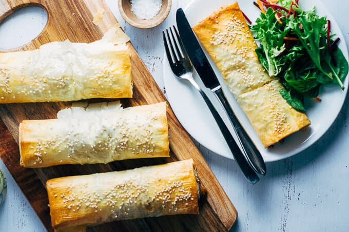 Chicken and Mushroom Filos on board and one on a plate