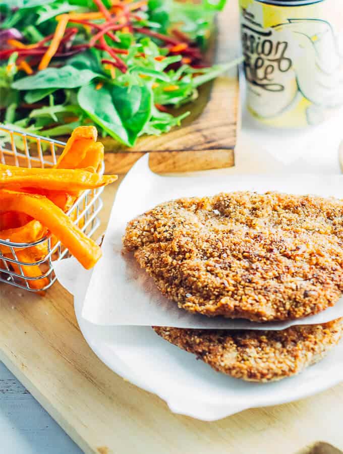 Easy weeknight Low Carn Chicken Schnitzel ready to serve.