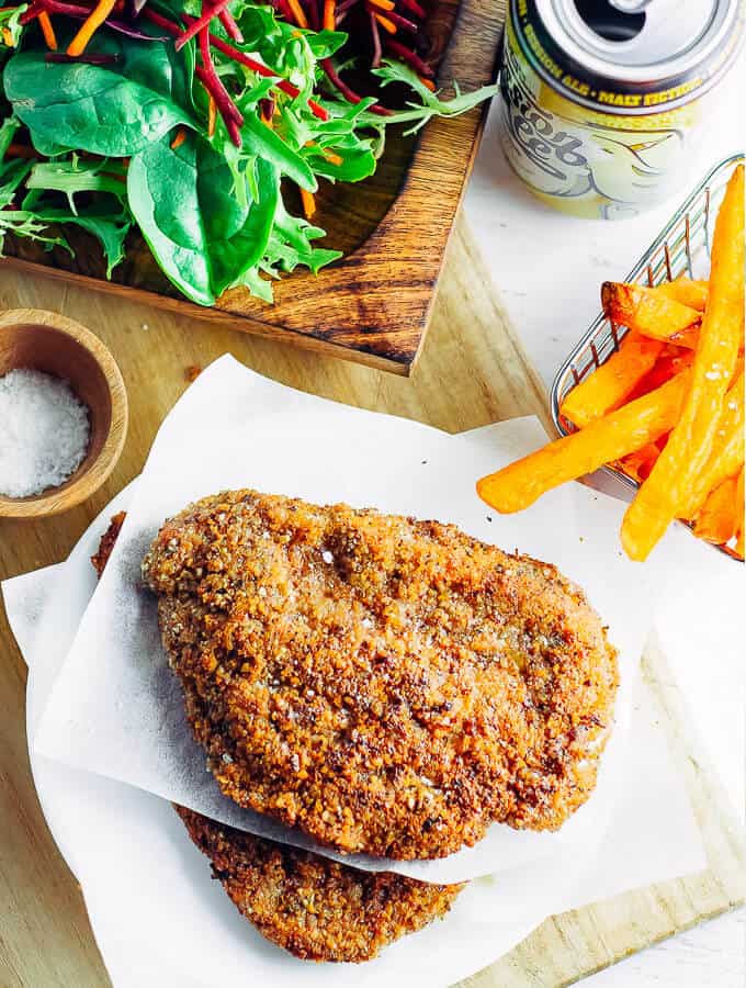 Low Carb Chicken Schnitzel with only 4% net carbs per serve.