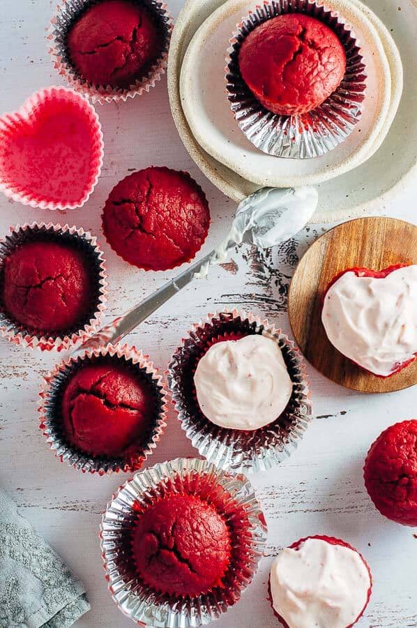 A collection of sugar free red velvet cupcakes