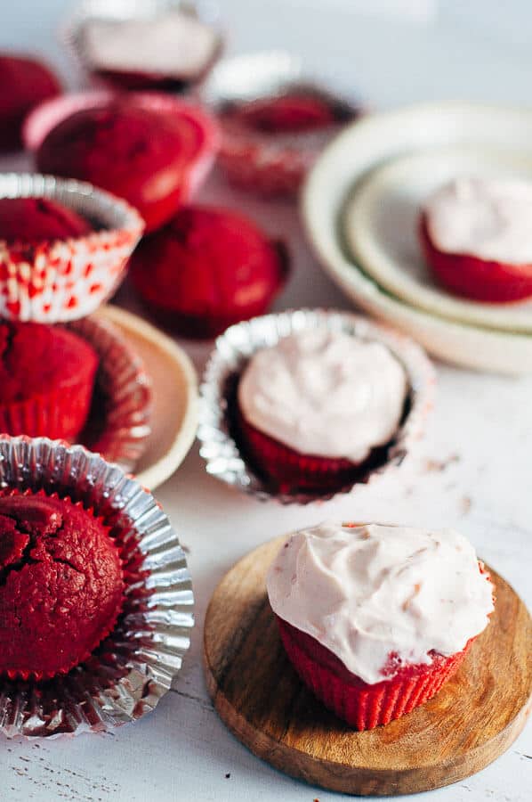 Sugar free red velvet cupcakes on a table