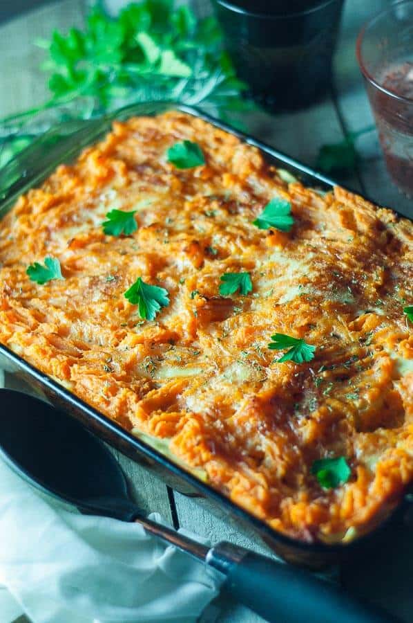 A baking dish of shepherds pie lasagne 