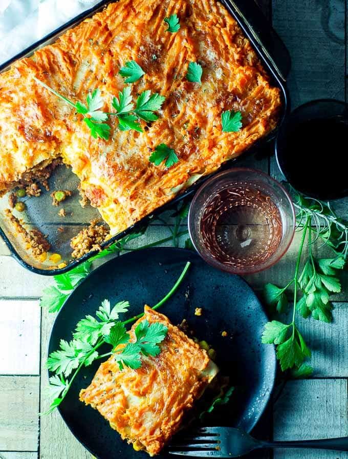 Shepherds pie lasagne on a plate ready to eat